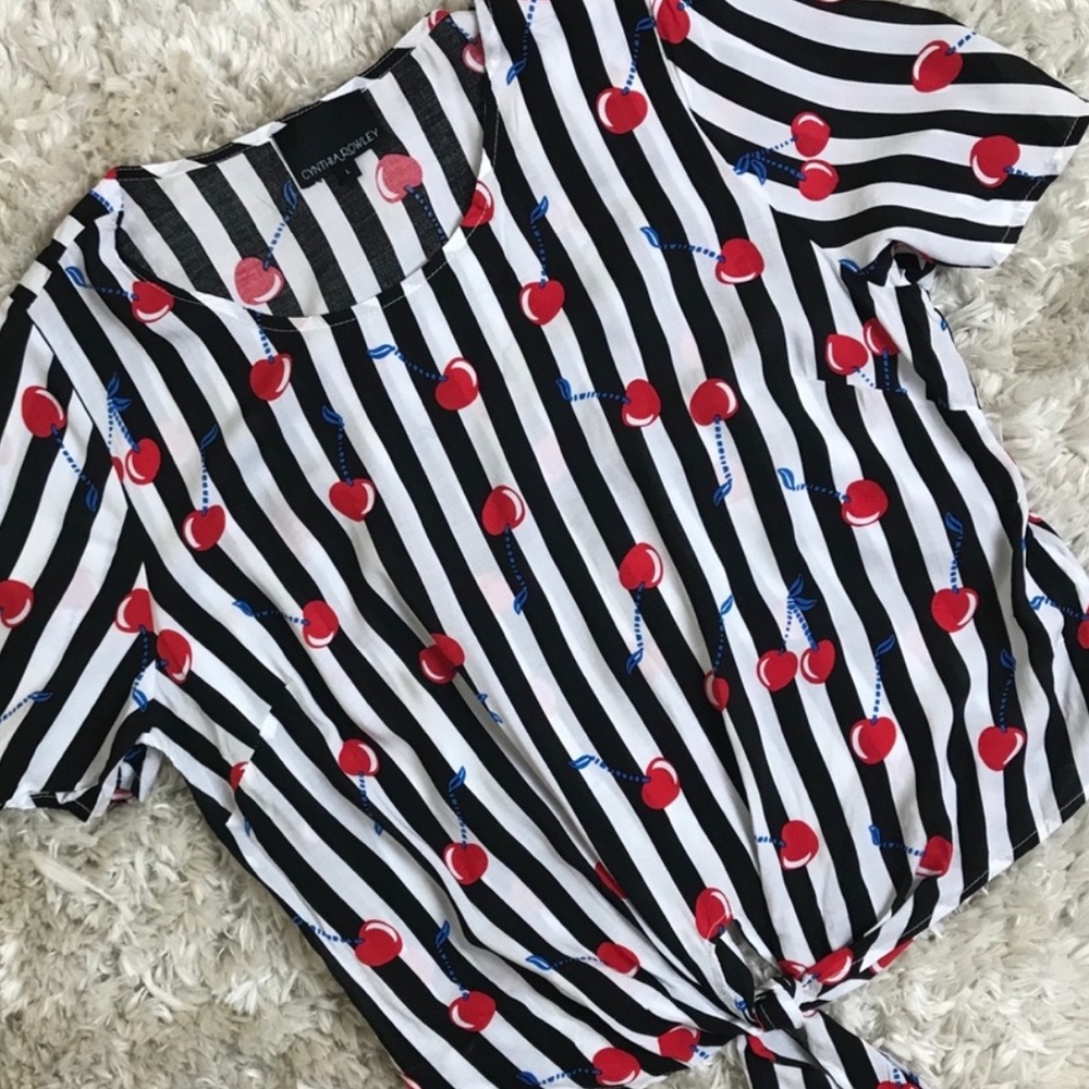 Cynthia Rowley Cherry Print Stripe Tie Front Top